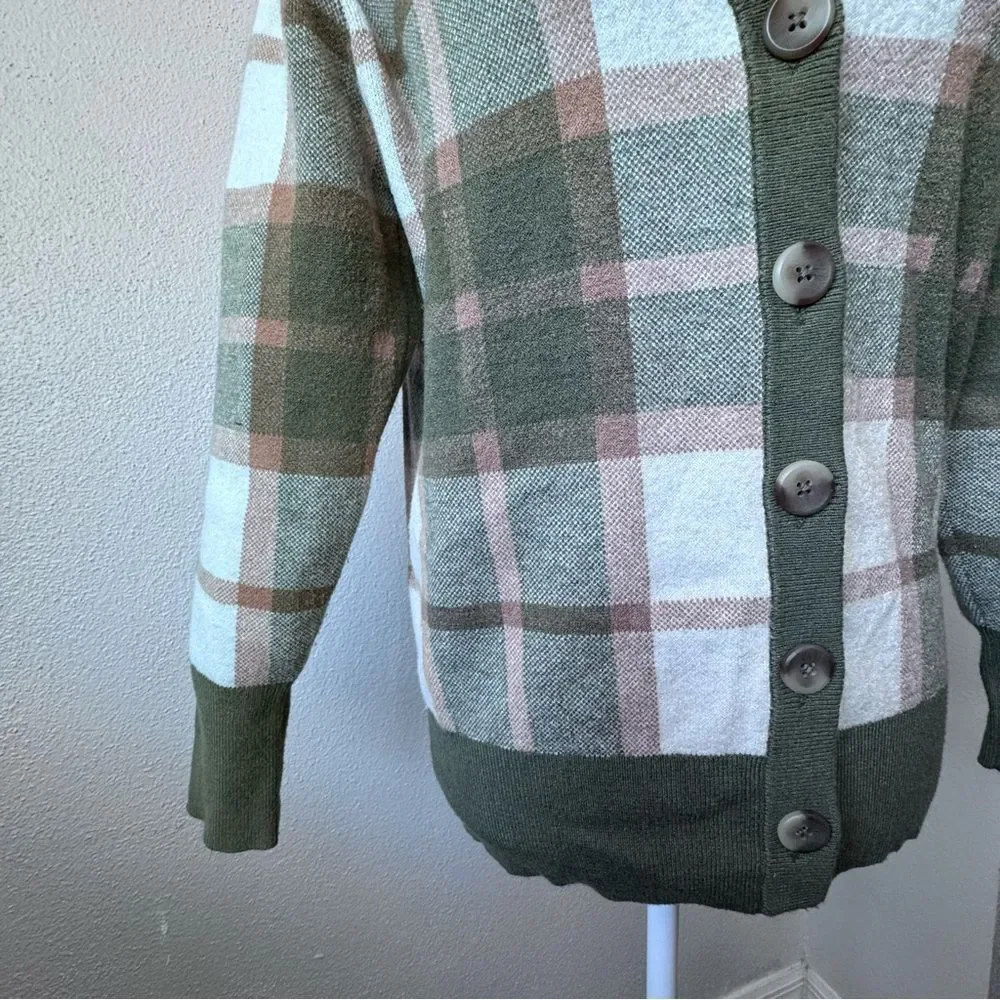 Rachel Zoe Plaid Sweater Brown Green White Cardigan Preppy Classic SZ XS